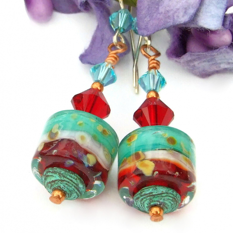 handmade red turquoise lampwork jewelry swarovski crystals earrings gift