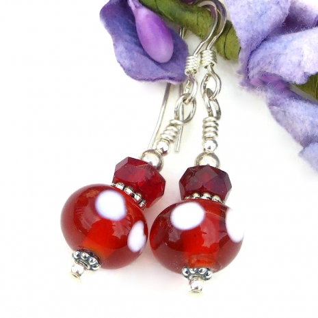 handmade red white lampwork glass earrings czech glass sterling silver