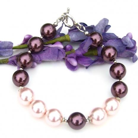 handmade rosaline pink and burgundy swarovski crystal pearl bracelet