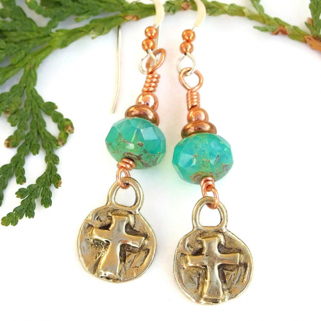 handmade rustic cross bronze jewelry aqua opal glass religious