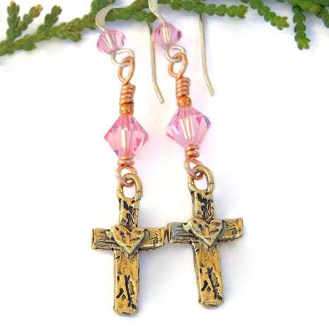 handmade rustic cross heart earrings pink Swarovski crystals
