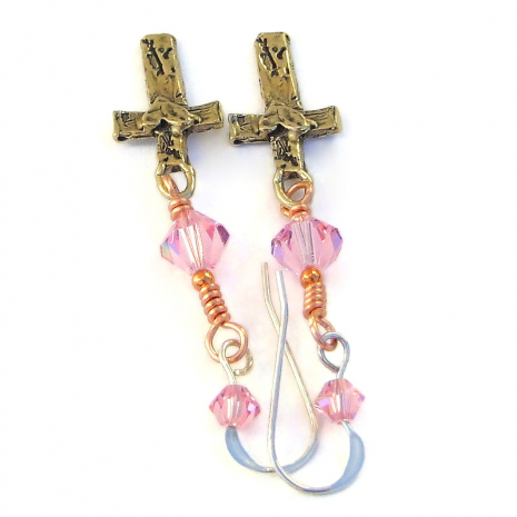 handmade rustic cross heart jewelry pink Swarovski crystals