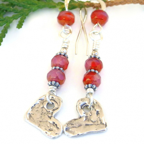 handmade rustic sterling heart earrings valentines gift red pink