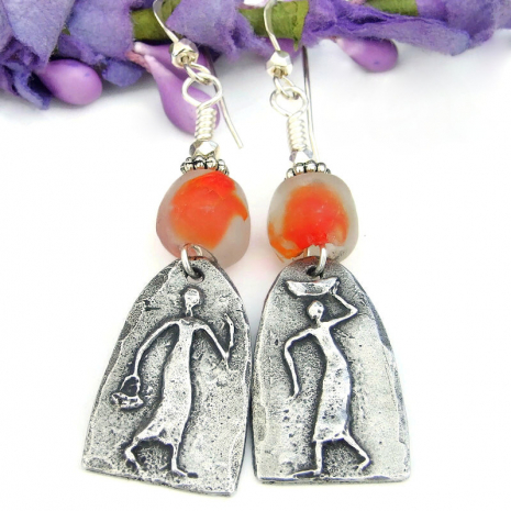 handmade rustic women earrings folk art recycled glass pewter