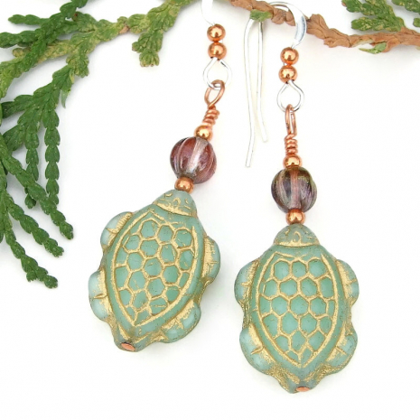 handmade sea turtles jewelry green gold turtle lover earrings