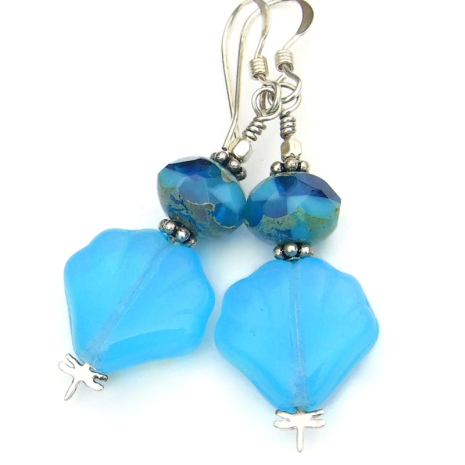handmade shell seashell earrings silver dragonfly aqua opal glass