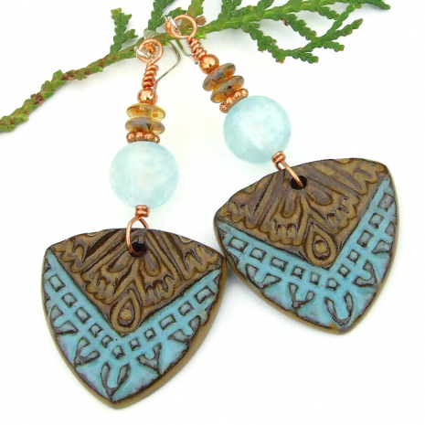 handmade shield protective earrings boho ceramic blue brown