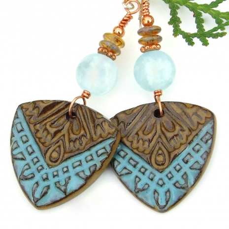 handmade shield protective jewelry boho ceramic blue brown