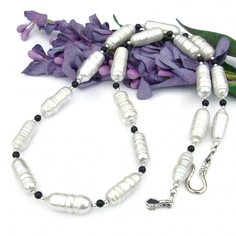 handmade silvery white pearl jewelry black onyx sterling silver necklace gift