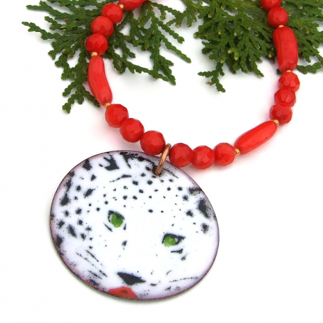 handmade snow leopard jewelry red coral copper