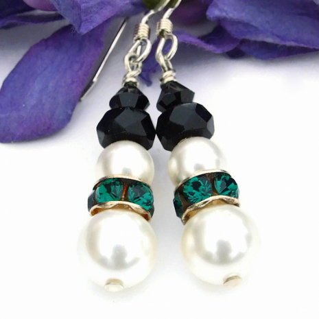 handmade snowman snowmen earrings swarovski pearl crystal white green