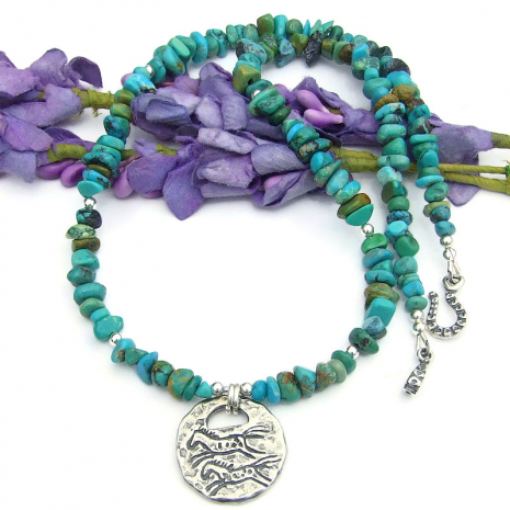 handmade southwest running horses petroglyph necklace spiral sun turquoise