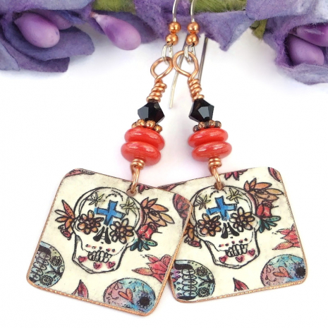 handmade sugar skull earrings crosses hearts flowers