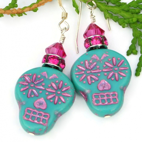 handmade sugar skull earrings turquoise pink halloween day of the dead