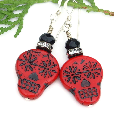 handmade sugar skulls earrings halloween day of the dead red black crystals