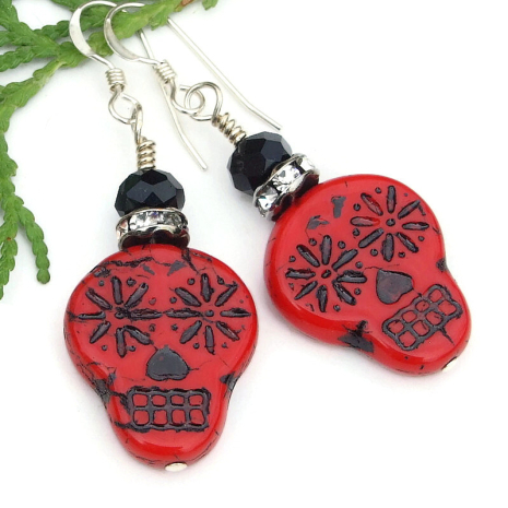 handmade sugar skulls jewelry halloween day of the dead red black crystals