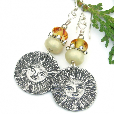 handmade sun face earrings artisan pewter yellow lampwork amber