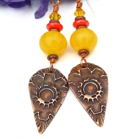 handmade sun flower autumn fall earrings copper copal crystals