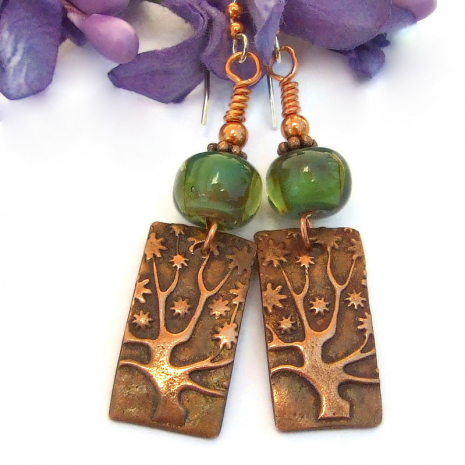 handmade tree earrings green lampwork