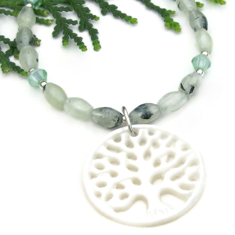 handmade tree of life jewelry mother of pearl green prehnite crystals sterling