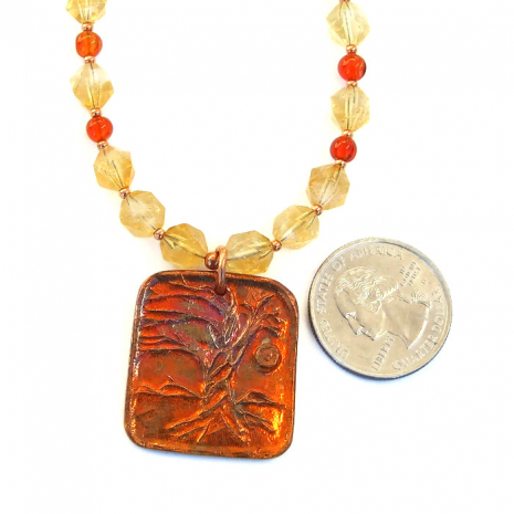 handmade tree of life world tree necklace with citrine and carnelian
