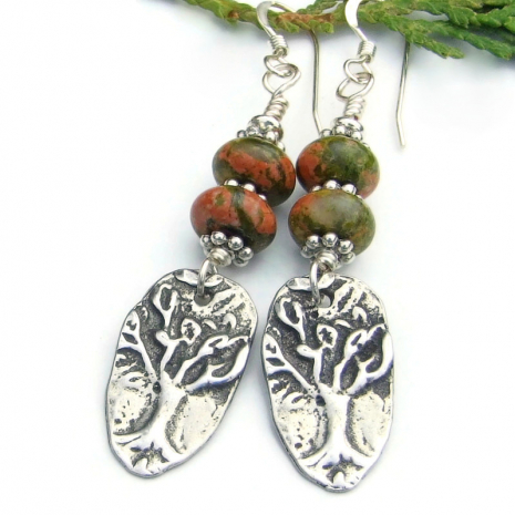 handmade tree of life yggdrasil earrings earthy unakite gemstones