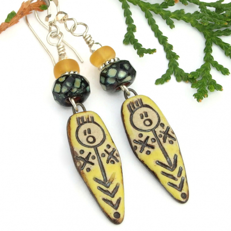 handmade tribal earrings woman man ceramic Czech glass