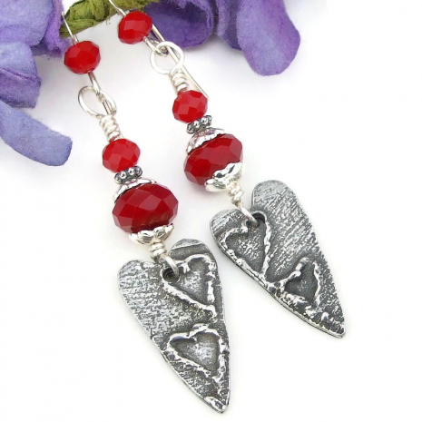 handmade triple hearts earrings red Czech glass artisan pewter Valentines