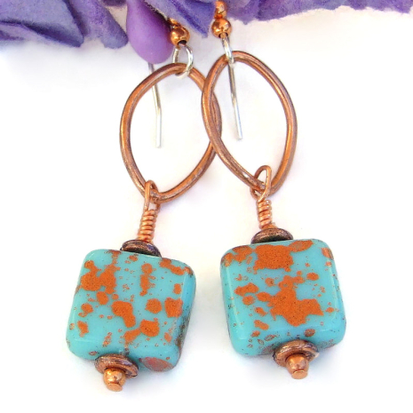 handmade turquoise copper splash czech glass earrings copper oval