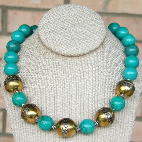 handmade turquoise necklace brass Berber beads suns moons