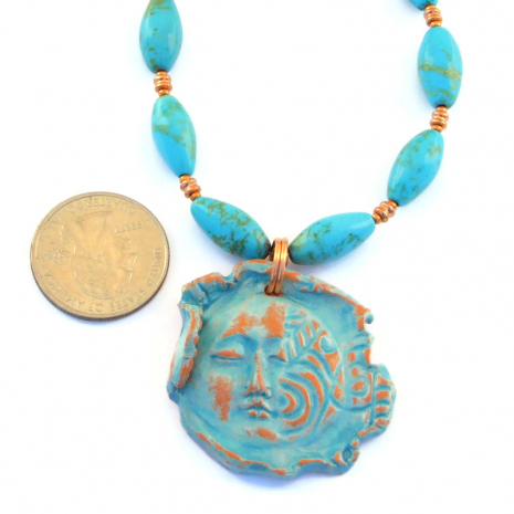 handmade turquoise terracotta peaceful face pendant necklace turquoise magnesite