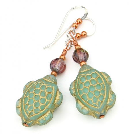 handmade turtle earrings green gold purple