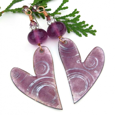 handmade valentines day heart earrings purple crystals