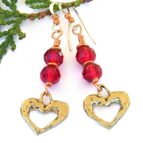handmade valentines earrings bronze raspberry red glass jewelry
