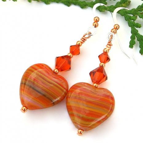 handmade valentines hearts earrings fiery orange