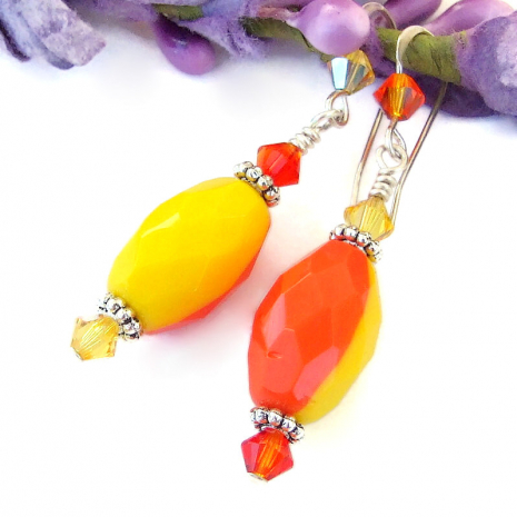 handmade vintage Czech glass tangerine orange yellow earrings Swarovski crystals