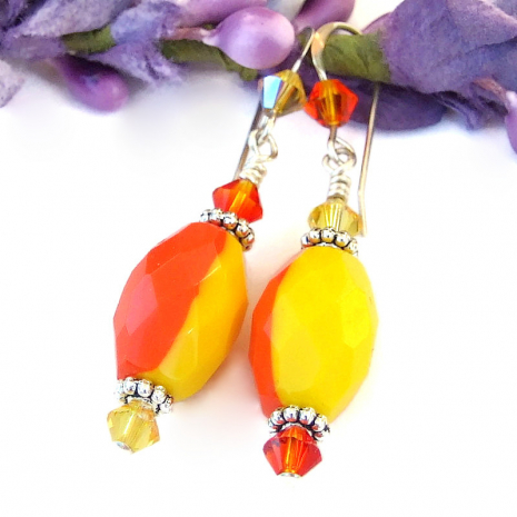 handmade vintage Czech glass tangerine orange yellow jewelry Swarovski crystals