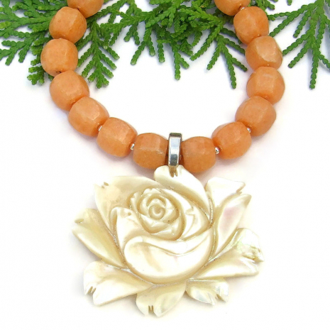 handmade vintage mother of pearl rose flower jewelry peach calcite shell gift