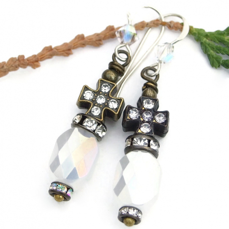 handmade vintage style cross crystal earrings white opal