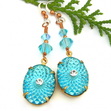 handmade vintage sunburst crystal earrings aquamarine