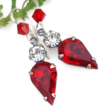 handmade vintage swarovski crystal teardrop earrings red christmas holidays