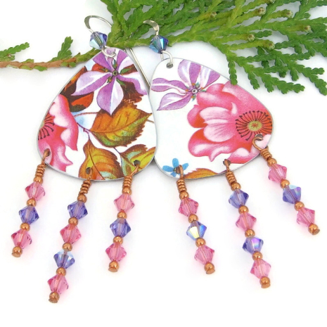 handmade vintage tin purple pink flower earrings swarovski crystals lightweight