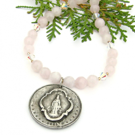 handmade virgin mary inspirational coin necklace catholic religious jewelry