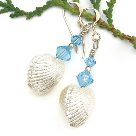 handmade white heart cockle shell earrings blue swarovski crystals beach jewelry