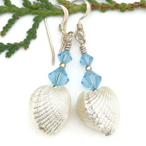 handmade white heart cockle shell jewelry blue swarovski crystals beach earrings