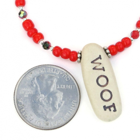 handmade woof pendant jewelry dog lover vintage red white heart beads