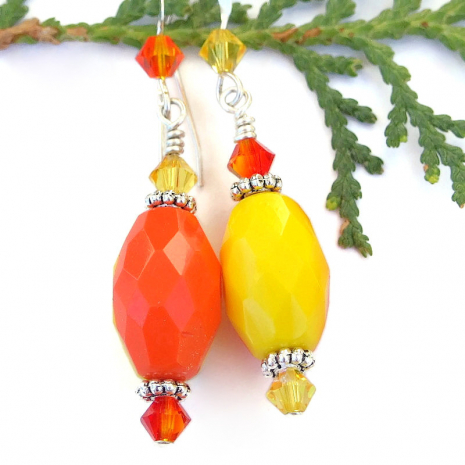 handmade yellow orange earrings swarovski crystals vintage czech glass