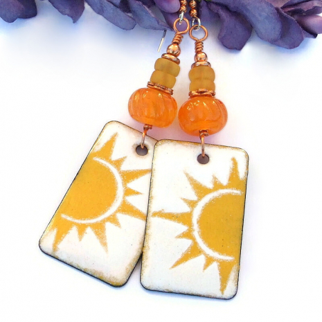 handmade yellow sun enamel earrings