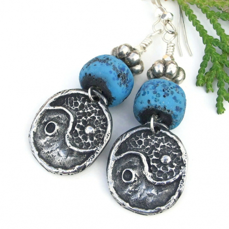 handmade yin yang boho earrings rustic blue lampwork Hill Tribes fine silver