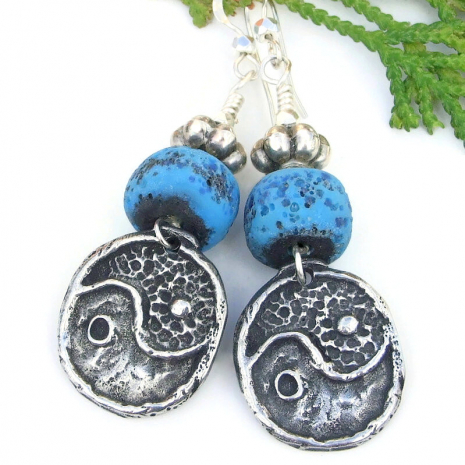 handmade yin yang boho jewelry rustic blue lampwork Hill Tribes fine silver